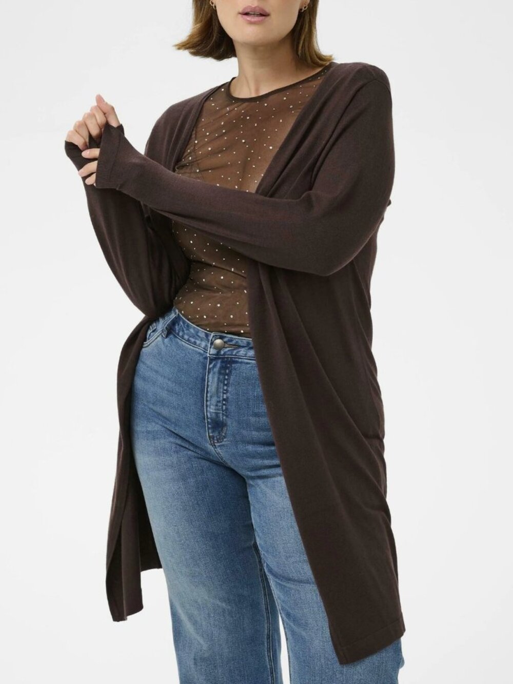Scandinavian Fashion Kaffe Lightweight Long Sandra Cardigan In Coffee Brown - M